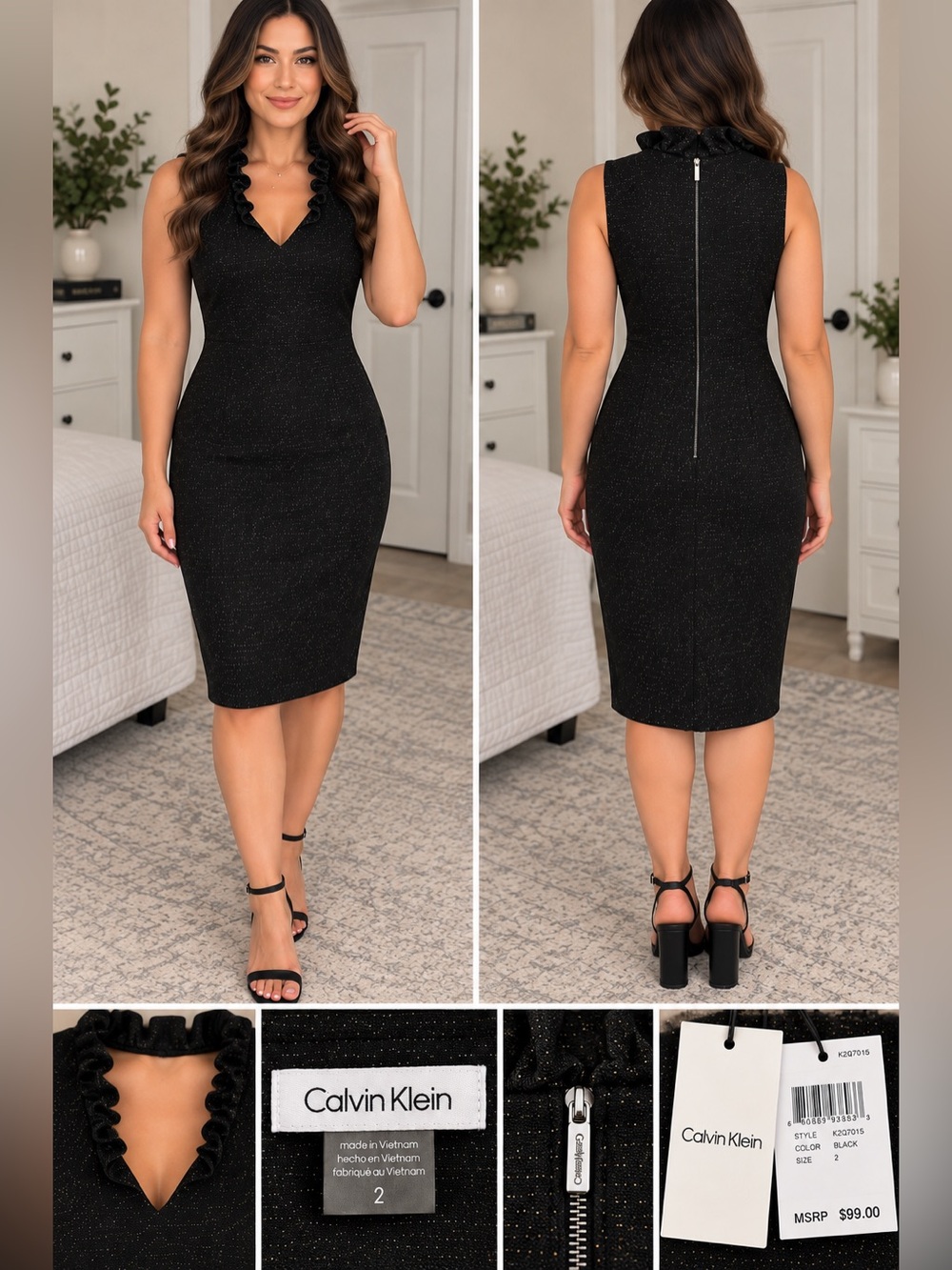 Calvin Klein Black Glitter Ruffled V-Neck Midi Dress